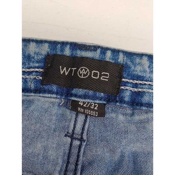 WT 02 Pants Mens Blue Denim Jeans Distressed Acid Wash Cotton Blend 42x32 - Picture 6 of 8